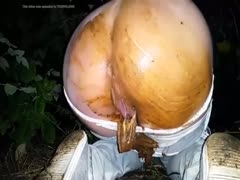 This disgusting harlot enjoys pooping outside.